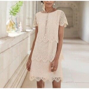 Sundance Dress Womens Small Ivory Lace Layered Shift Short Sleeve Knee Length